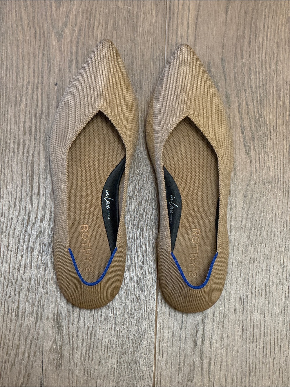 Rothy's Women's Pointed Flats in Tan with Blue Accent - Worn only twice!